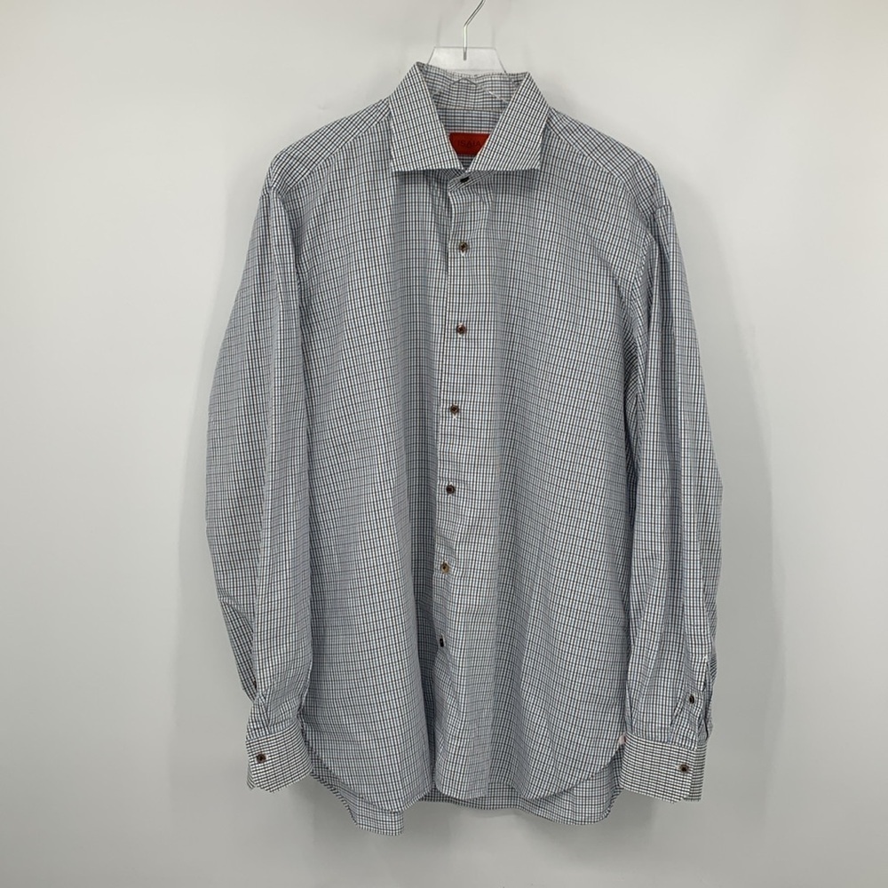 Isaia button front up check shirt brown blue plaid cotton men 17.5 X-Large XL